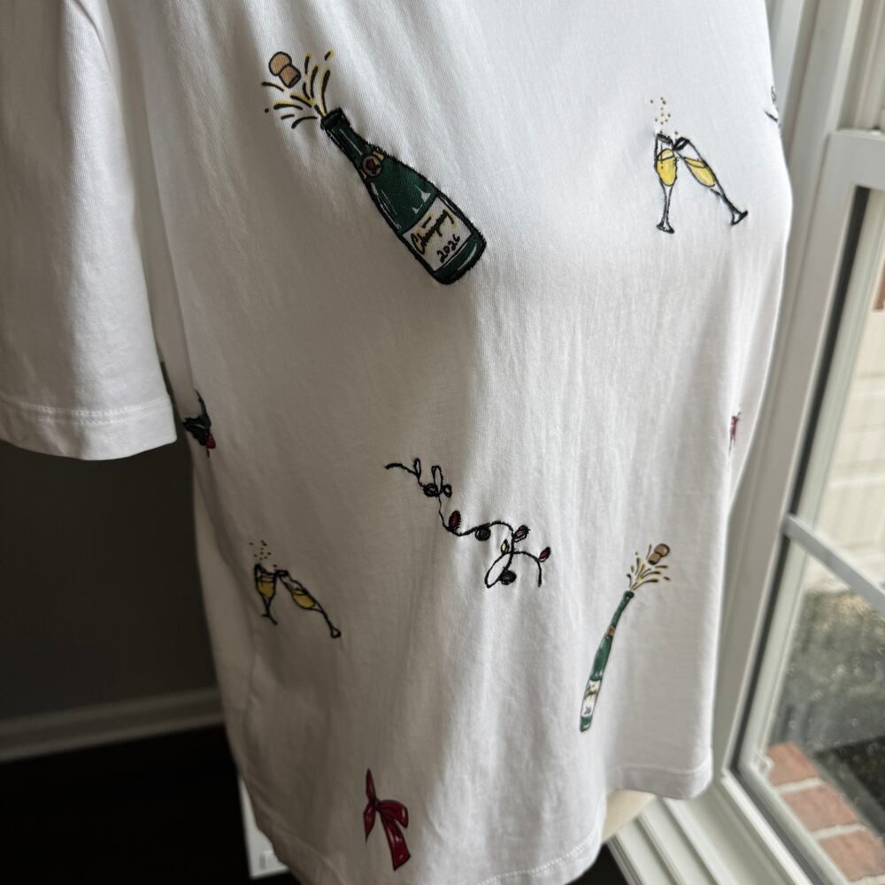 J. CREW Embroidered Party Tee Womens Small White Embellished Cheers Holiday Boxy - Picture 10 of 14